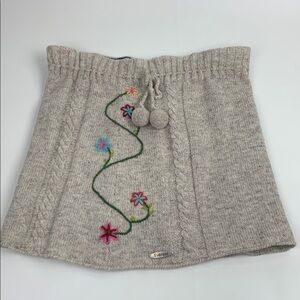 Everest Gray Tan Wool Skirt Floral Embroidery Pompom tassel Drawstring Large